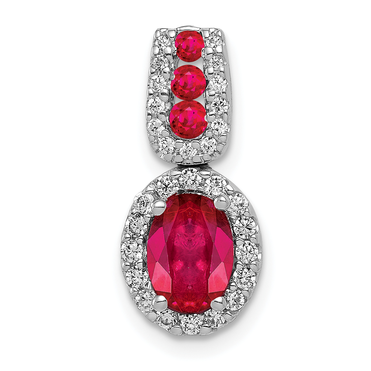 14k White Gold 1/5 carat Lab Grown Diamond VS/SI+ G+ and Lab Created Ruby Oval Halo Pendant (PM5260-CRU-020-WLG)