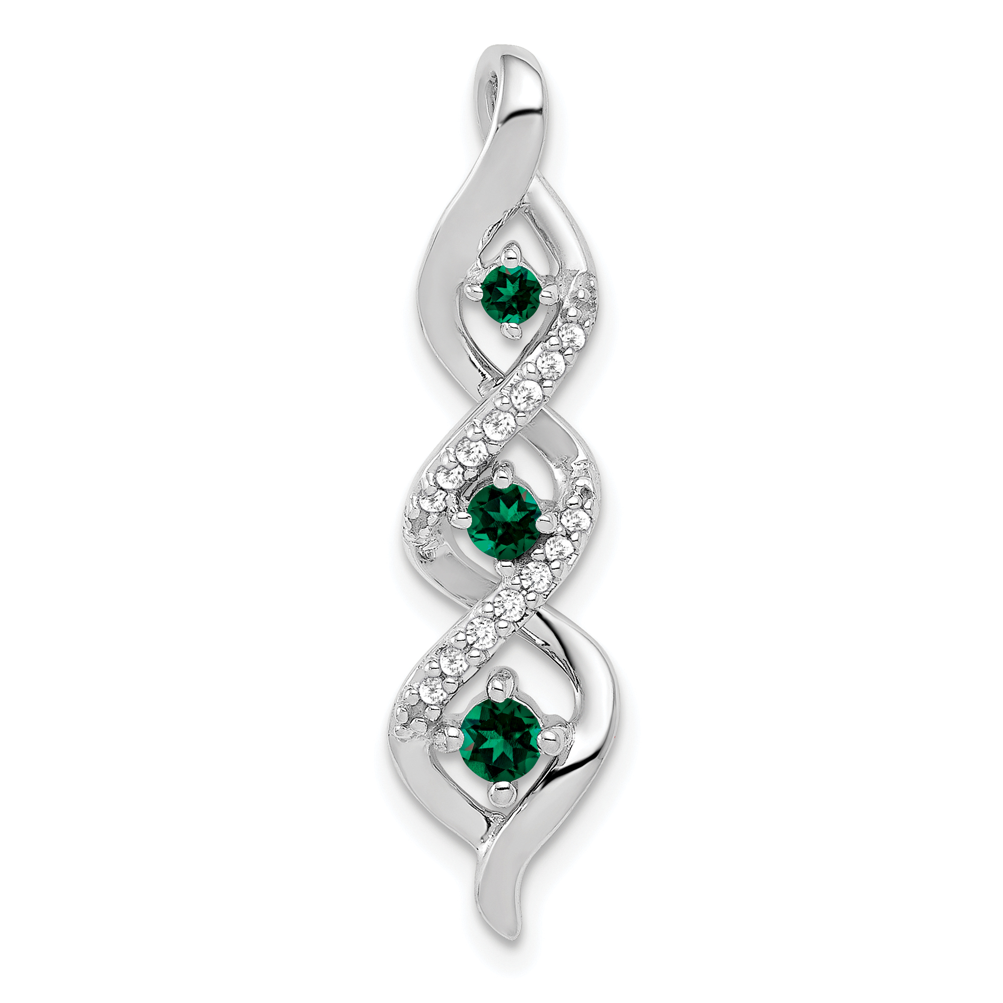 10k White Gold 1/15 carat Lab Grown Diamond VS/SI+ G+ and Lab Created Emerald Twist Chain Slide Pendant (PM5264-CEM-008-0WLG)