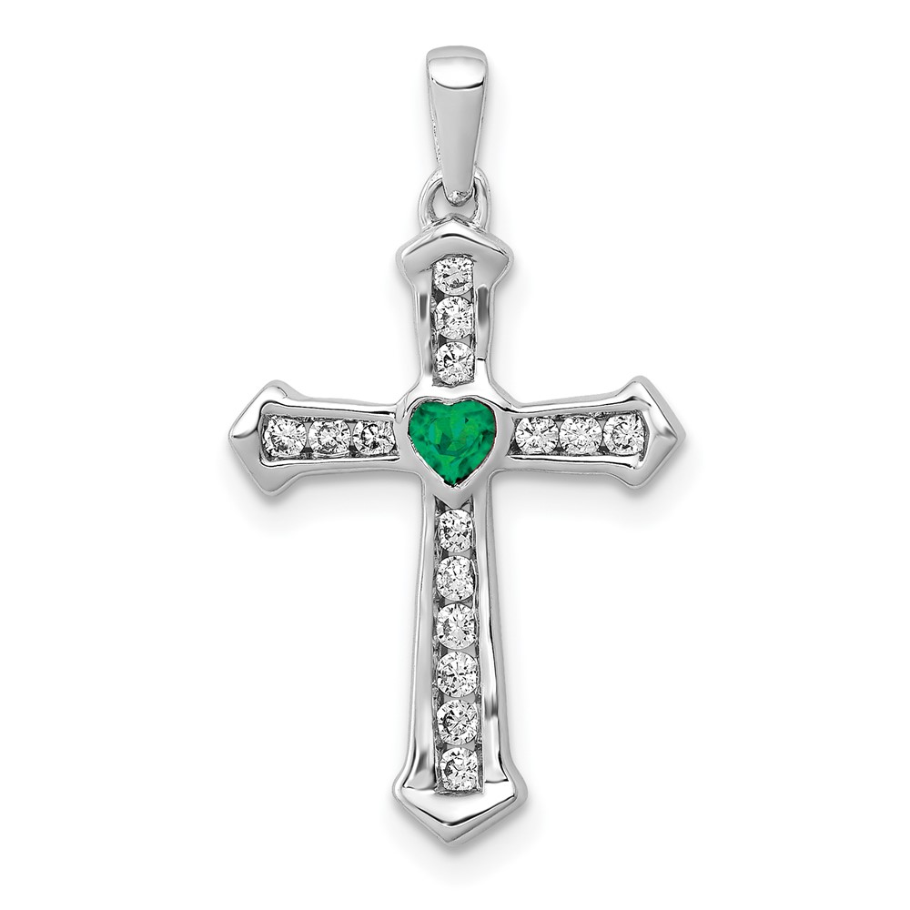 14K White Gold 0.20 Carat Lab Grown Diamond VS SI+ G+ and Lab Created Emerald Complete Cross Pendant