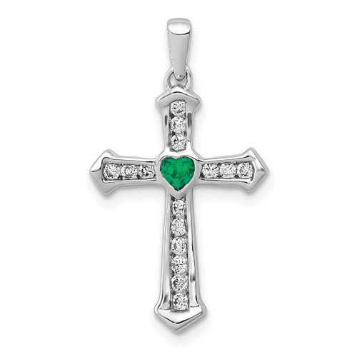14K White Gold 0.20 Carat Lab Grown Diamond VS SI+ G+ and Lab Created Emerald Complete Cross Pendant