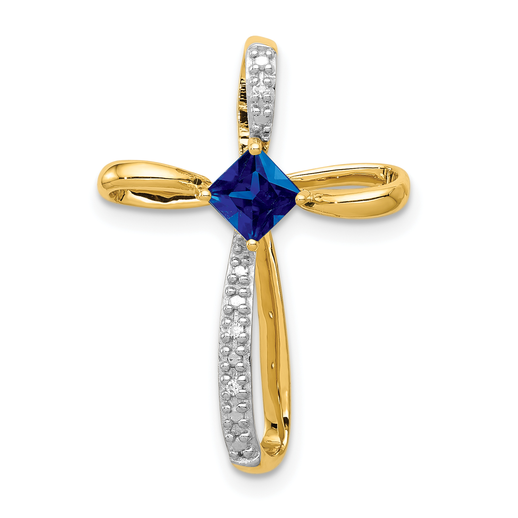 10k w/Rhodium Lab Created Sapph and Diamond Cross Pendant (PM5278-CSA-001-1YA)