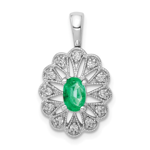 14K White Gold Lab Grown VS/SI FGH Dia and Created Emerald Pendant