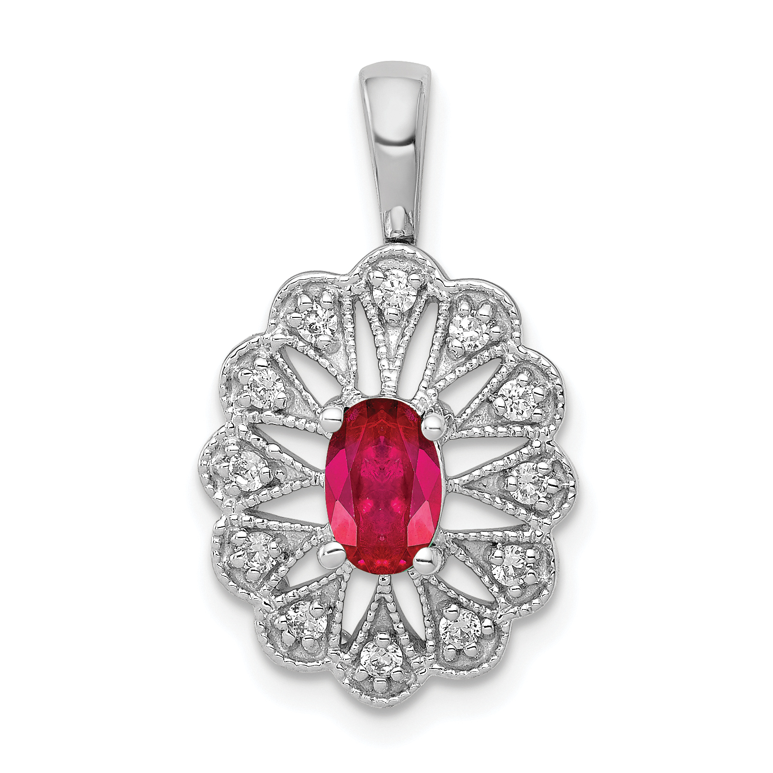 14k White Gold 1/6 carat Diamond and Oval Ruby Fancy Pendant (PM5279-RU-016-WA)