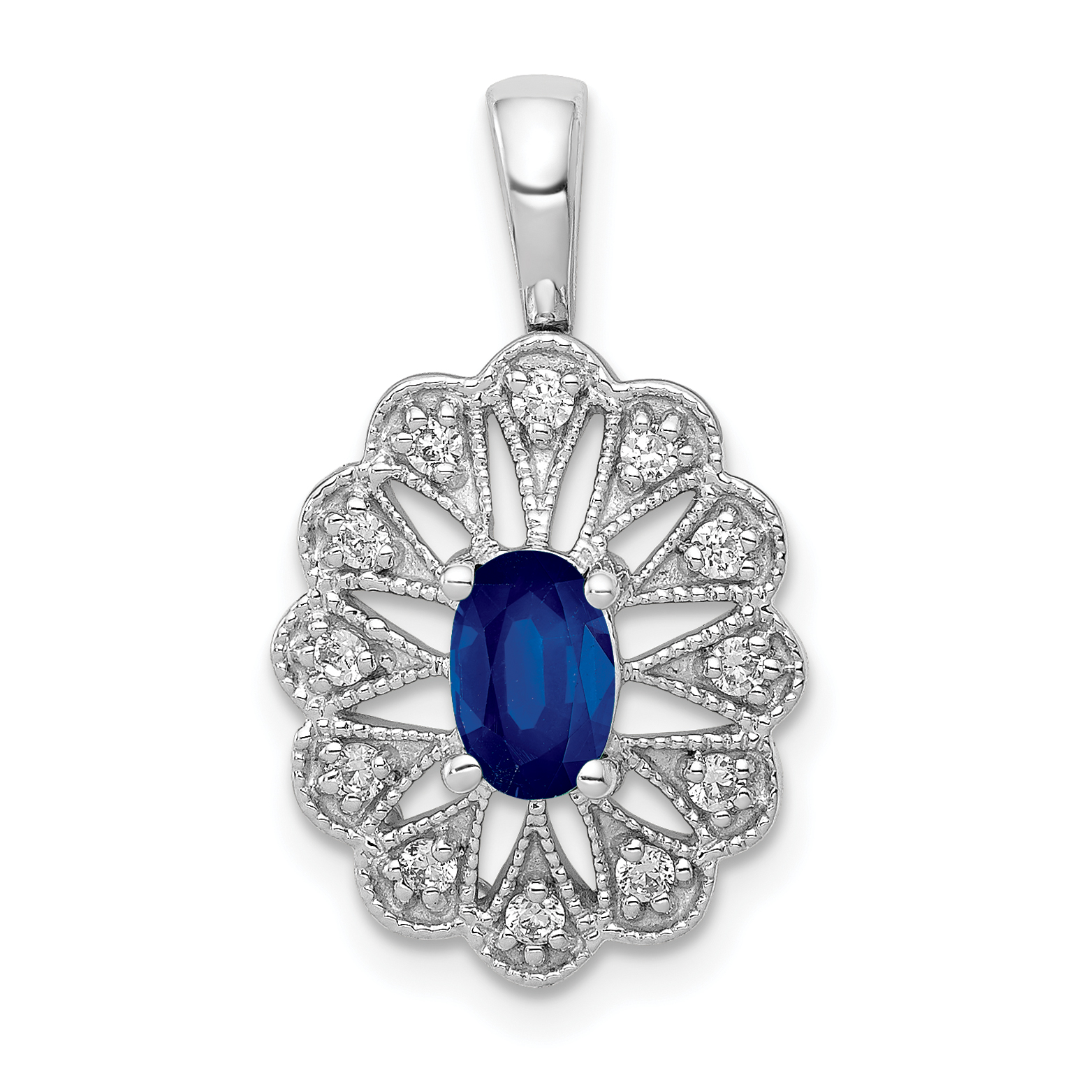 14k White Gold 1/6 carat Lab Grown Diamond VS/SI+ G+ and Lab Created Blue Sapphire Pendant (PM5279-CSA-016-WLG)