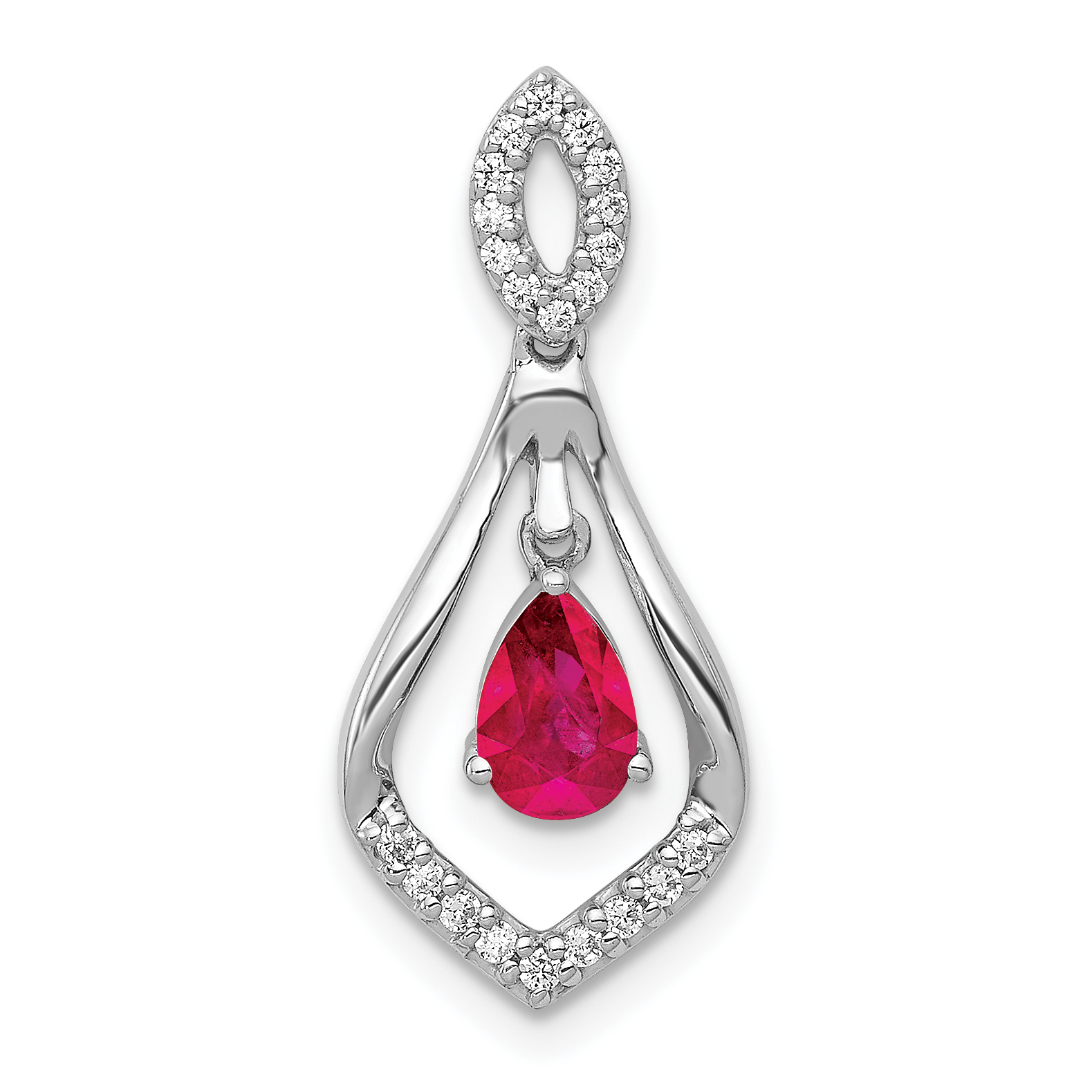 14k White Gold 1/10 carat Lab Grown Diamond VS/SI+ G+ and Lab Created Ruby Dangle Pendant (PM5281-CRU-013-WLG)