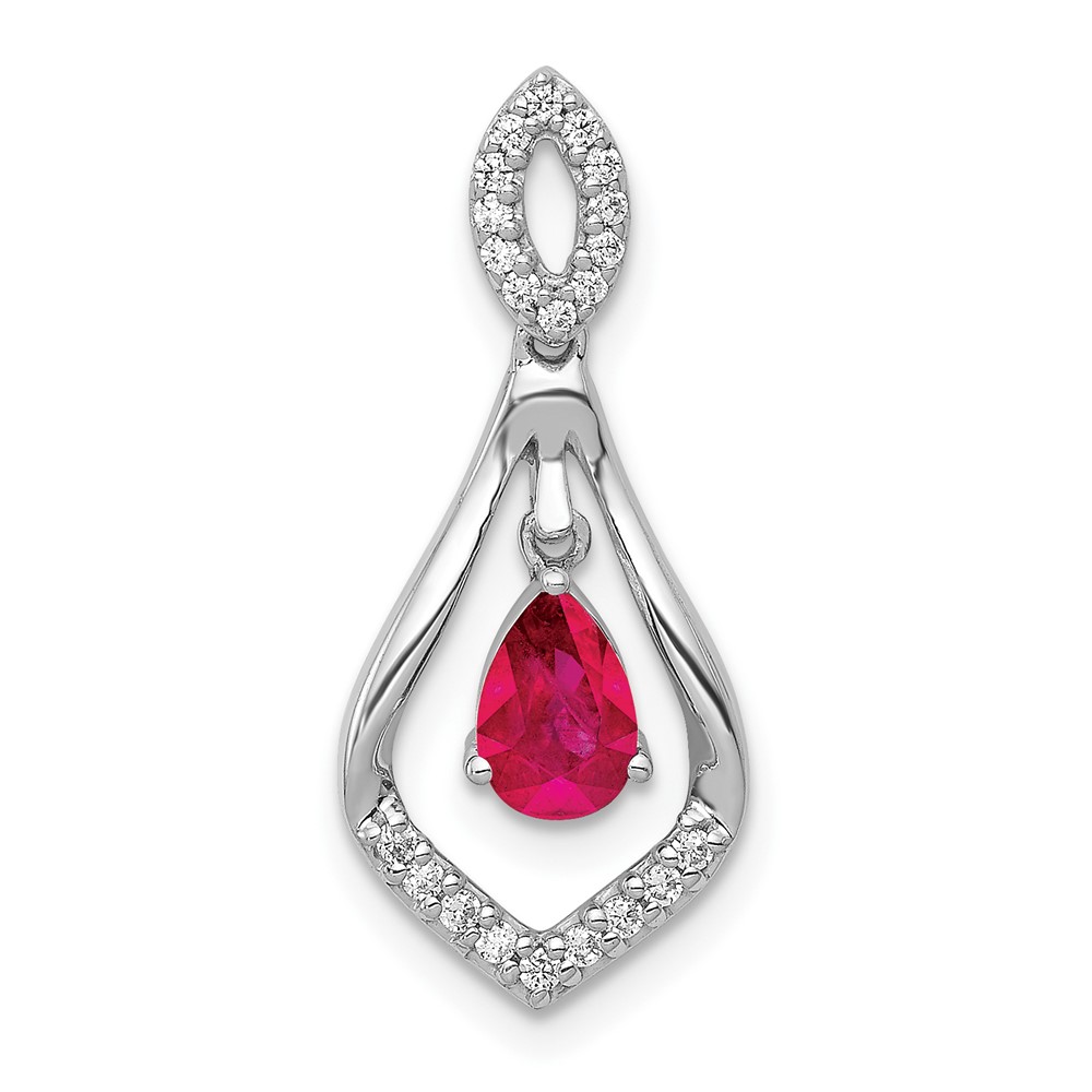 14K White Gold 0.10 Carat Lab Grown Diamond VS SI+ G+ and Lab Created Ruby Dangle Pendant