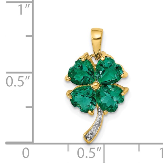 14k Lab Created Heart Emerald and Diamond Four Leaf Clover Pendant