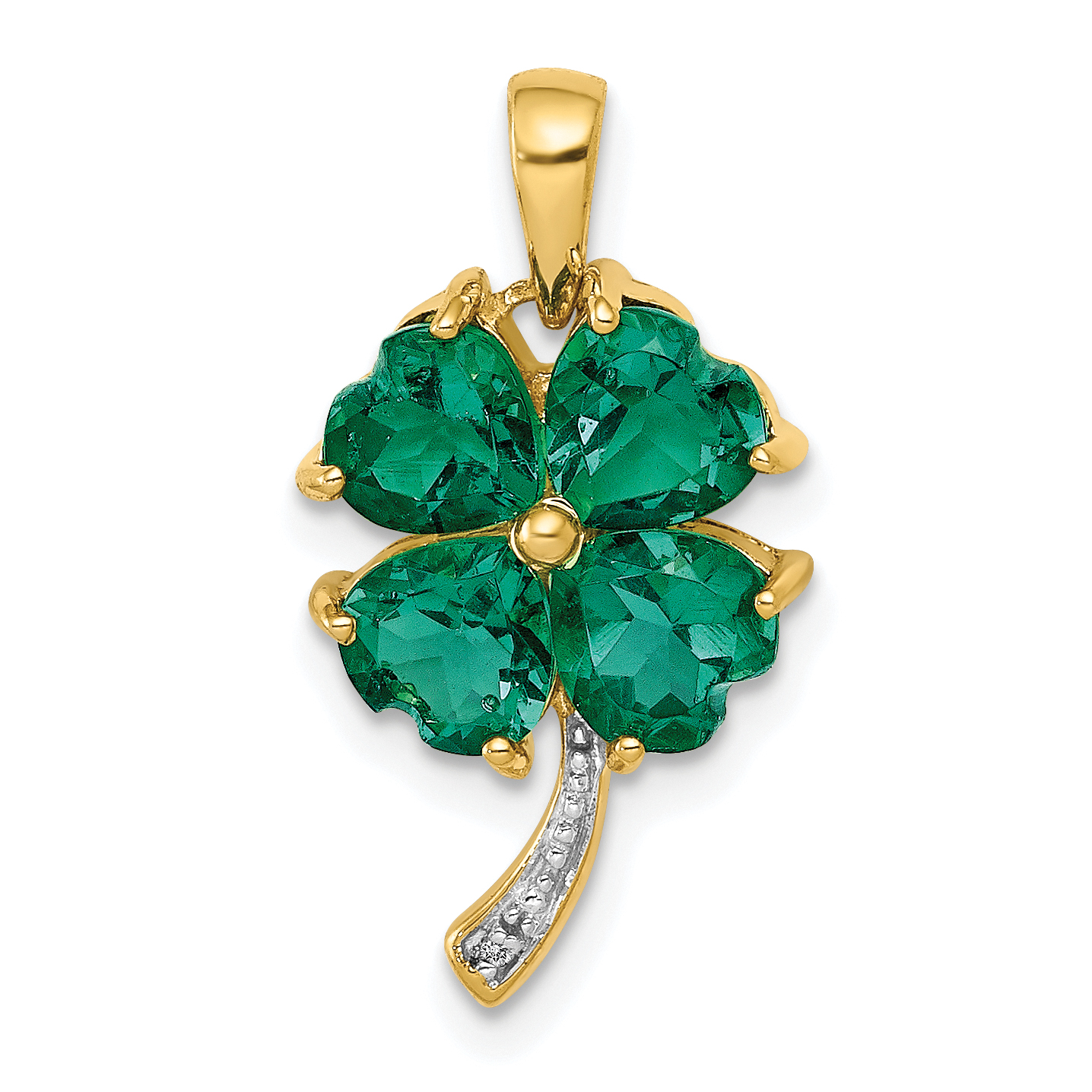 14k Lab Created Heart Emerald and Diamond Four Leaf Clover Pendant (PM5293-CEM-003-YA)