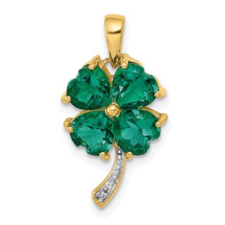 14k Lab Created Heart Emerald and Diamond Four Leaf Clover Pendant