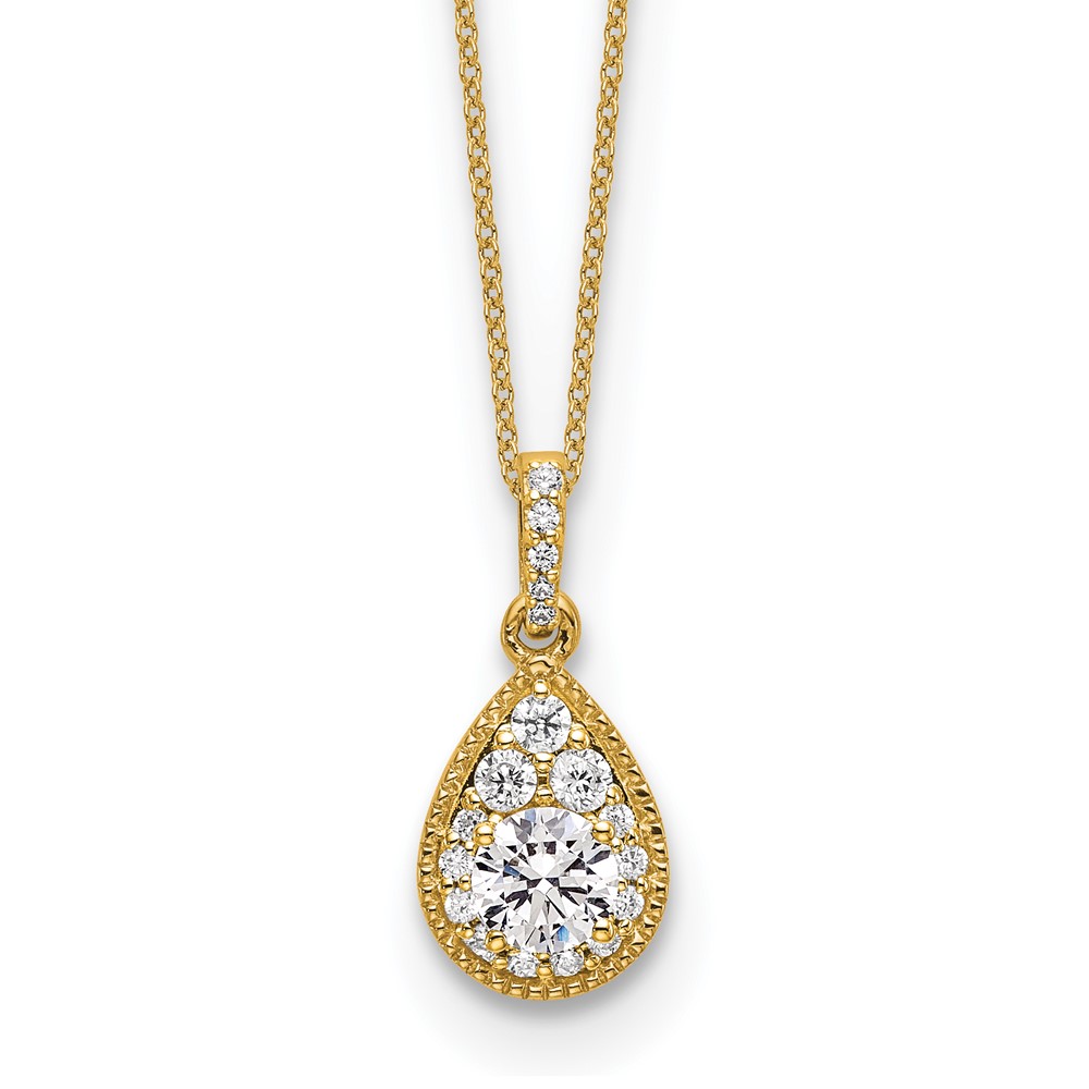 14K Yellow Gold 0.50 Carat Lab Grown Diamond VS SI+ G+ Complete Teardrop Halo Pendant Necklace, 18"