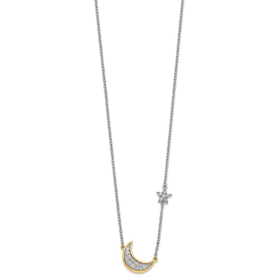 14k Two-tone 1/6 carat Diamond Crescent Moon with Star 18 inch Necklace