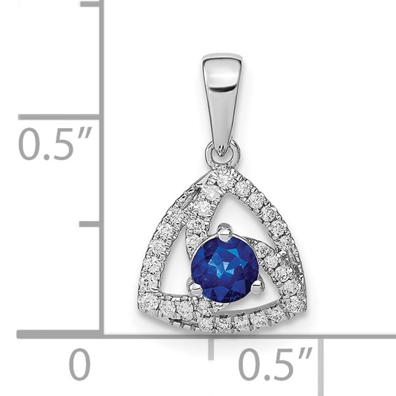14k White Gold Diamond and Round Blue Sapphire Triangle Pendant