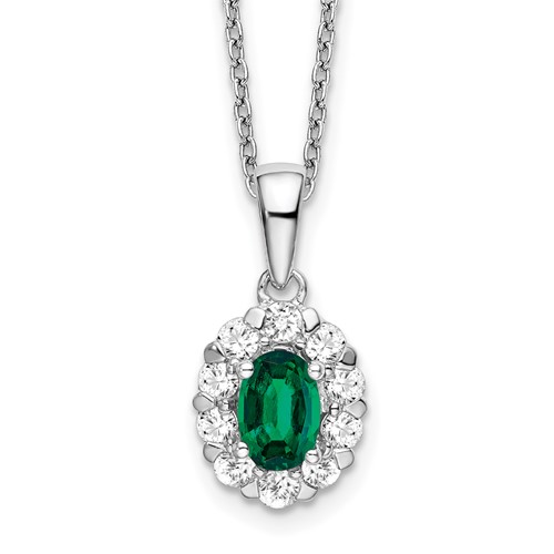 14K White Gold 0.50 Carat Lab Grown Diamond VS SI+ G+ and Oval Lab Created Emerald Complete Halo Pendant Necklace, 18"