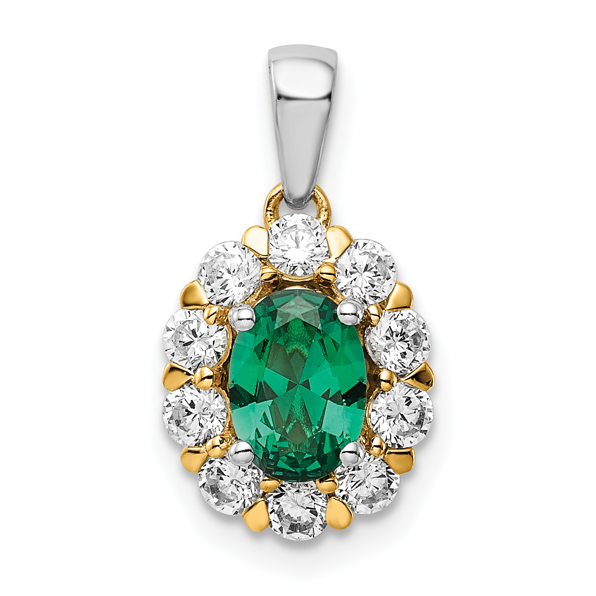 14k Two-Tone 1/2 carat Lab Grown Diamond VS/SI+ G+ and Lab Created Emerald Halo Pendant (PM6990CEM-052-YWLG)