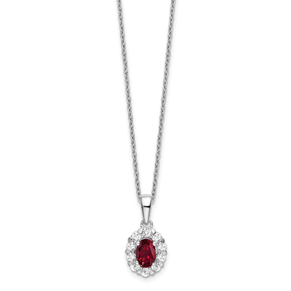 14k White Gold 1/2 carat Lab Grown Diamond VS/SI+ G+ and Oval Lab Created Ruby Complete 18 inch Halo Pendant Necklace (PM6990CR-052-WLG-18)
