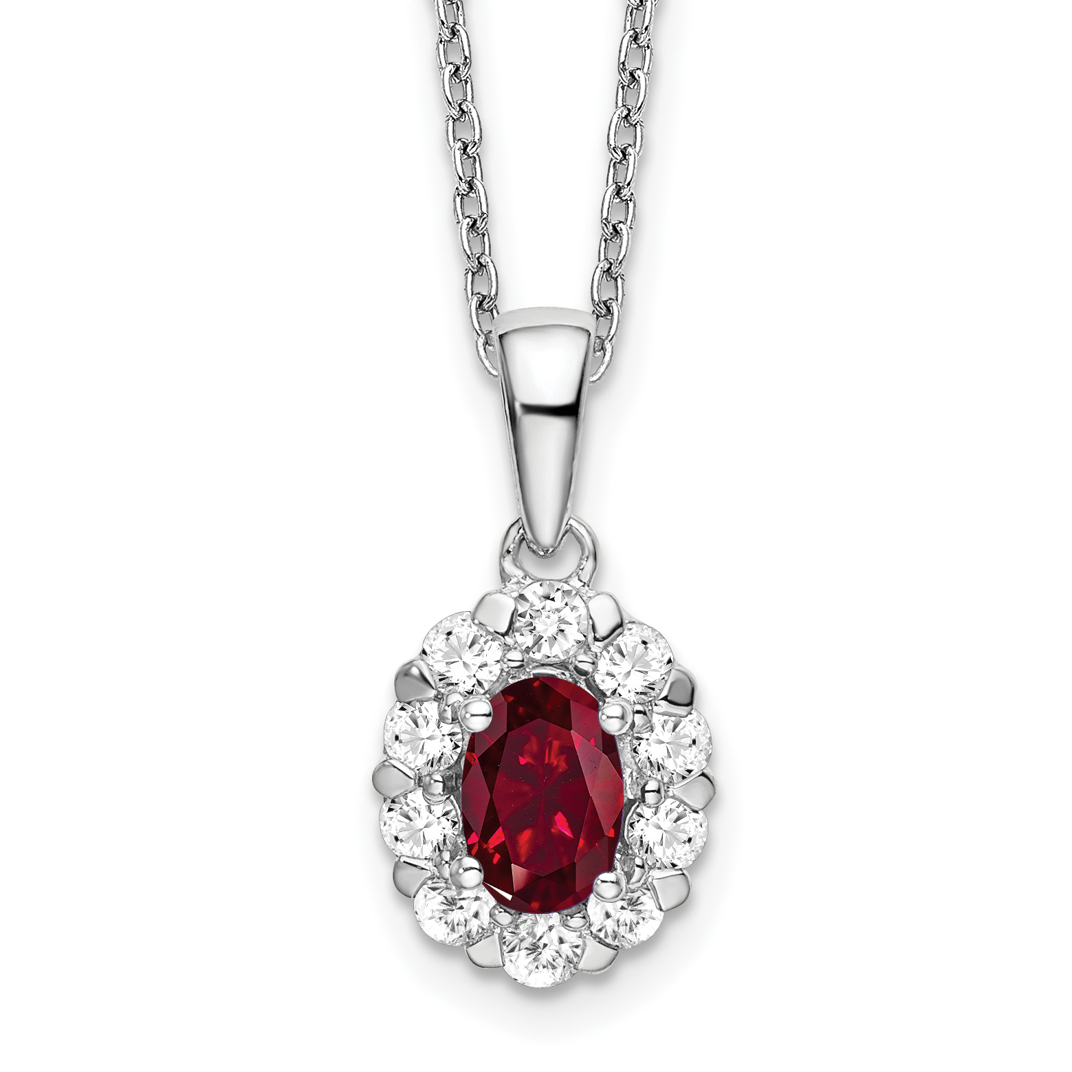 14k White Gold 1/2 carat Lab Grown Diamond VS/SI+ G+ and Oval Lab Created Ruby Complete 18 inch Halo Pendant Necklace (PM6990CR-052-WLG-18)