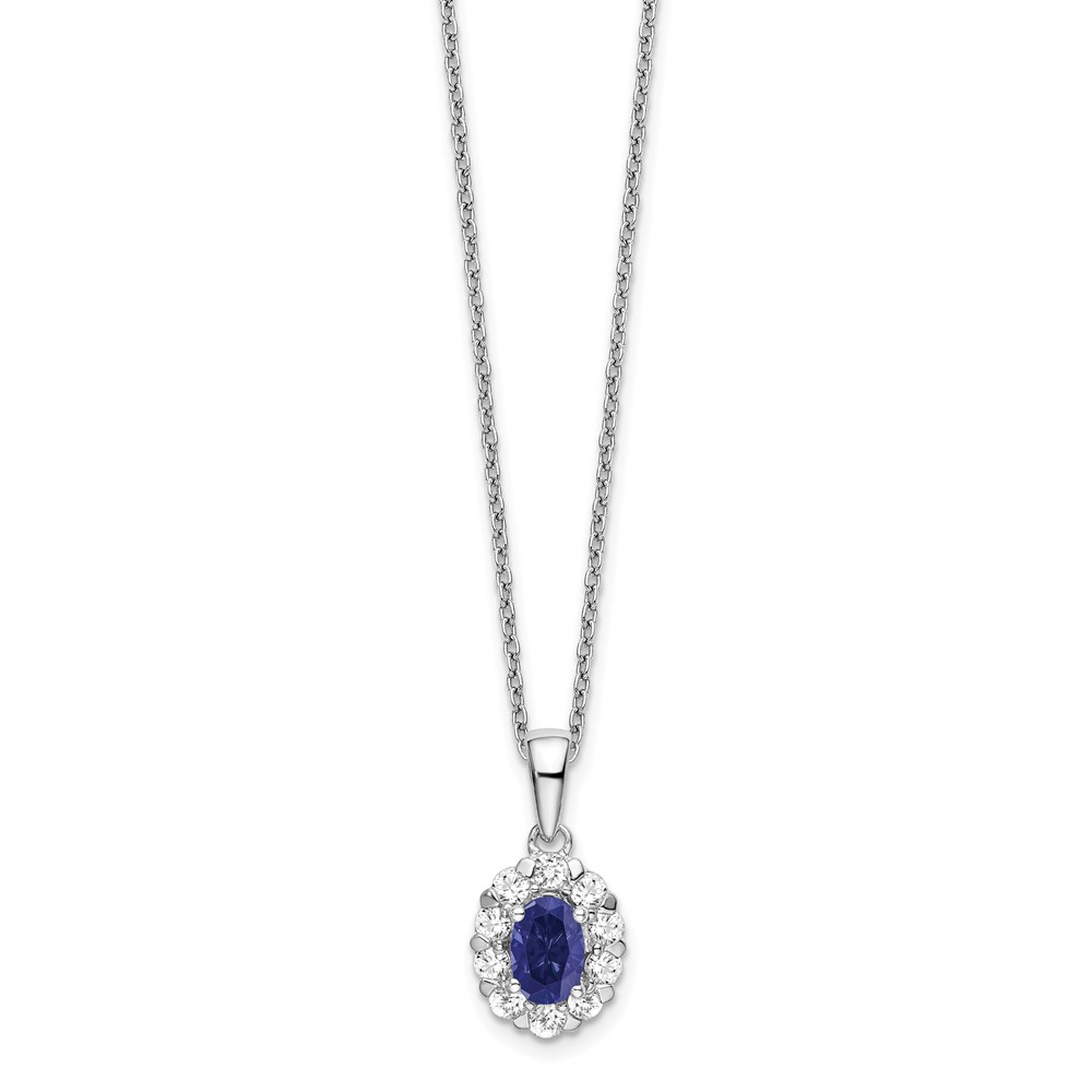 14k White Gold 1/2 carat Lab Grown Diamond VS/SI+ G+ and Oval Lab Created Blue Sapphire Complete 18 inch Halo Pendant Necklace (PM6990CS-052-WLG-18)