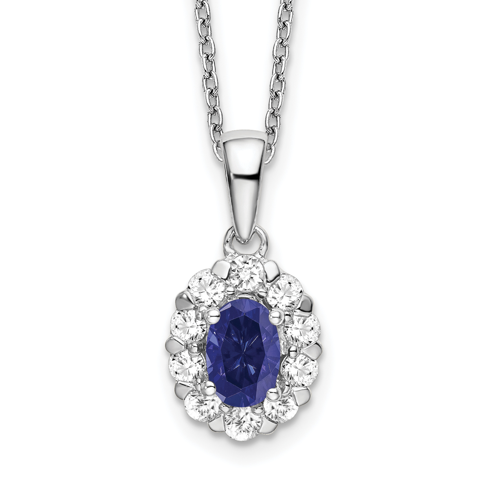 14k White Gold 1/2 carat Lab Grown Diamond VS/SI+ G+ and Oval Lab Created Blue Sapphire Complete 18 inch Halo Pendant Necklace (PM6990CS-052-WLG-18)