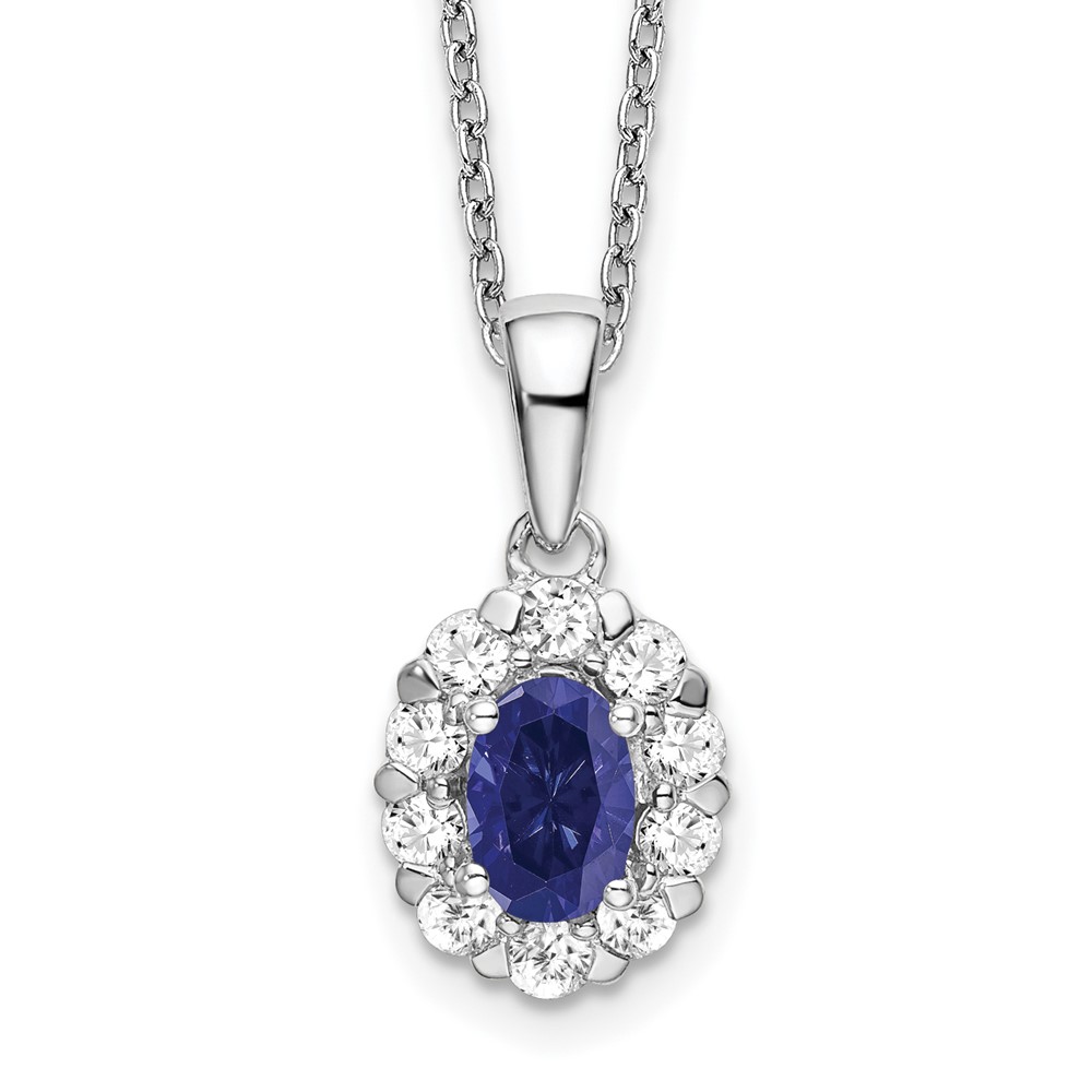 14k WG Created Oval Blue Sapphire & Lab Grown Dia pendant & Necklace