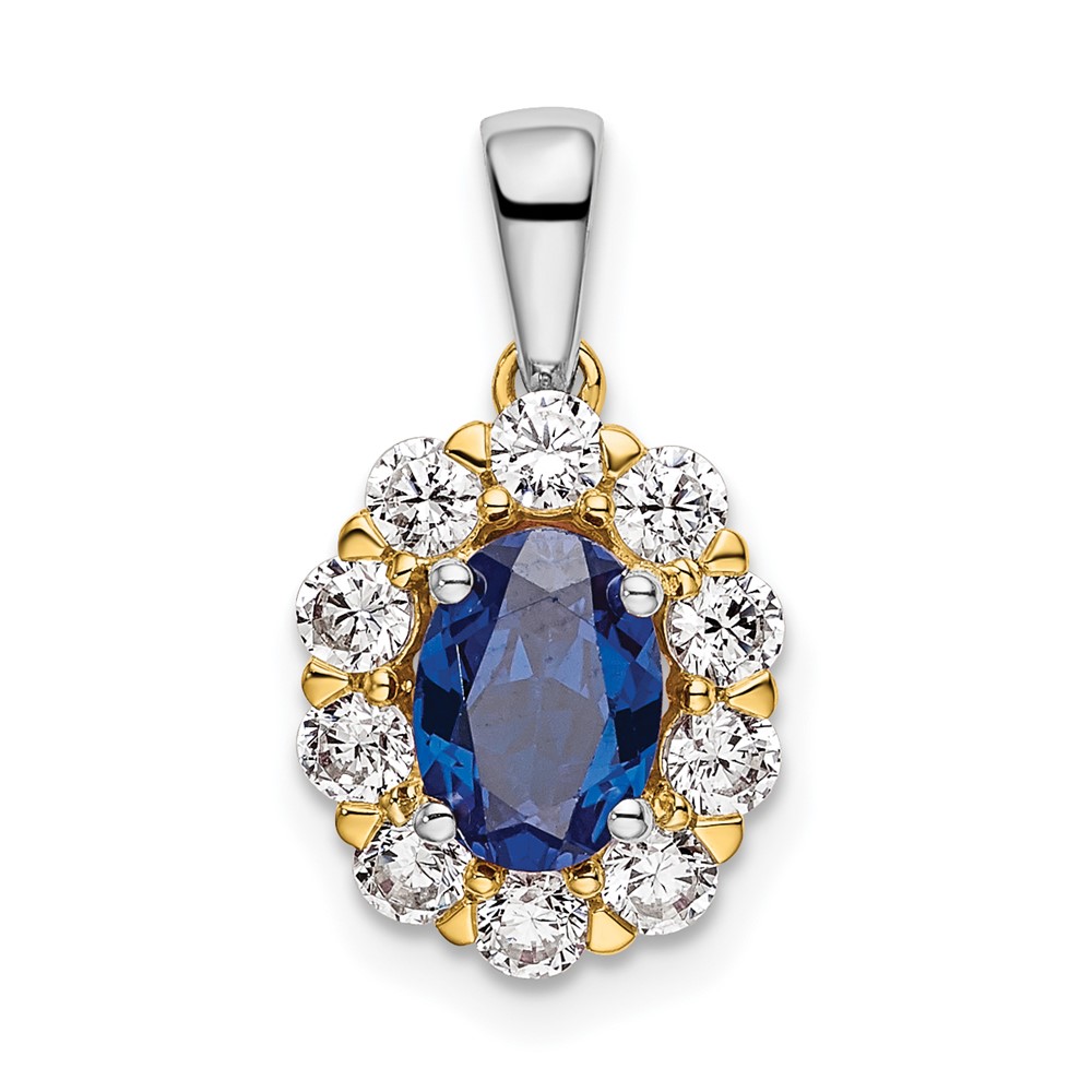 14K Two-Tone 0.50 Carat Lab Grown Diamond VS SI+ G+ and Lab Created Blue Sapphire Halo Pendant