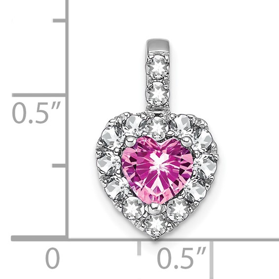 14k White Gold Lab Created Pink Sapphire and White Topaz Halo Heart Pendant