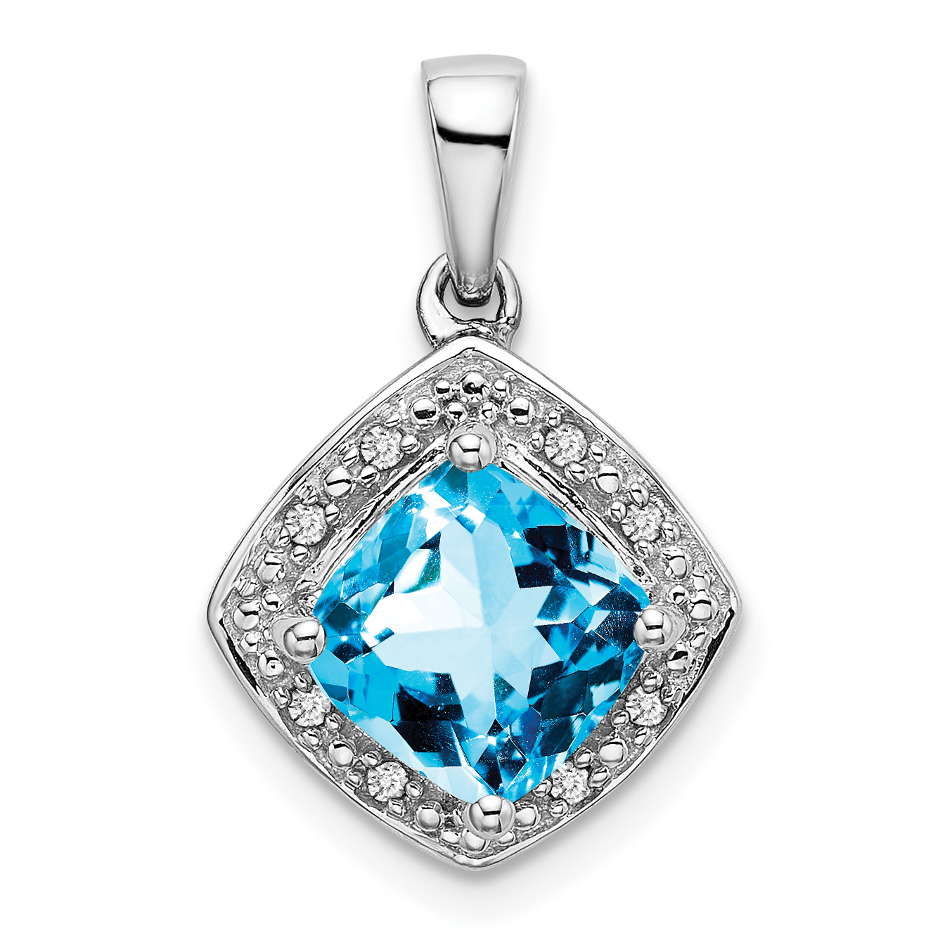 10k White Gold Cushion Blue Topaz and Diamond Pendant (PM7045-BT-004-1WA)