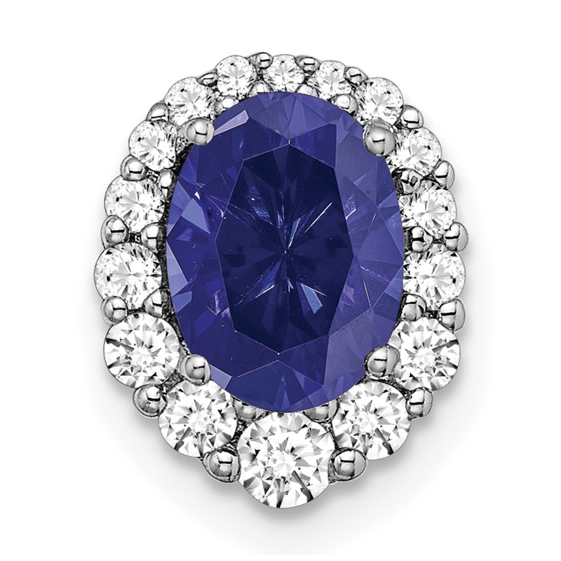 14k White Gold 1/3 carat Lab Grown Diamond VS/SI+ G+ and Lab Created Blue Sapphire Halo Chain Slide Pendant