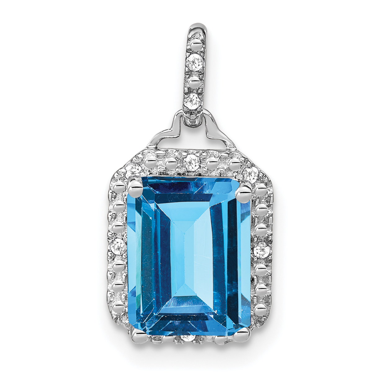10k White Gold Emerald-cut Blue Topaz and Diamond Halo Pendant (PM7051-BT-005-1WA)
