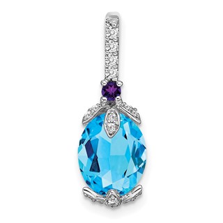 14k White Gold 10x8mm Oval Blue Topaz/Amethyst/Diamond Pendant