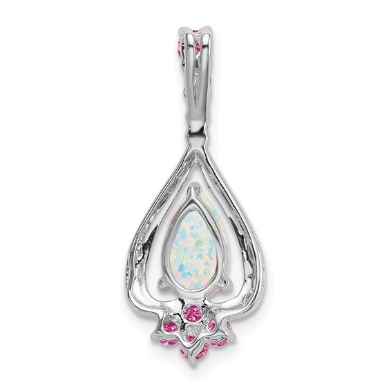 14k White Gold Pear Lab Created Opal and Lab Created Pink Sapphire Pendant