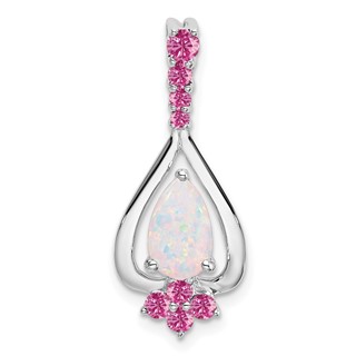 14k White Gold Pear Lab Created Opal and Lab Created Pink Sapphire Pendant