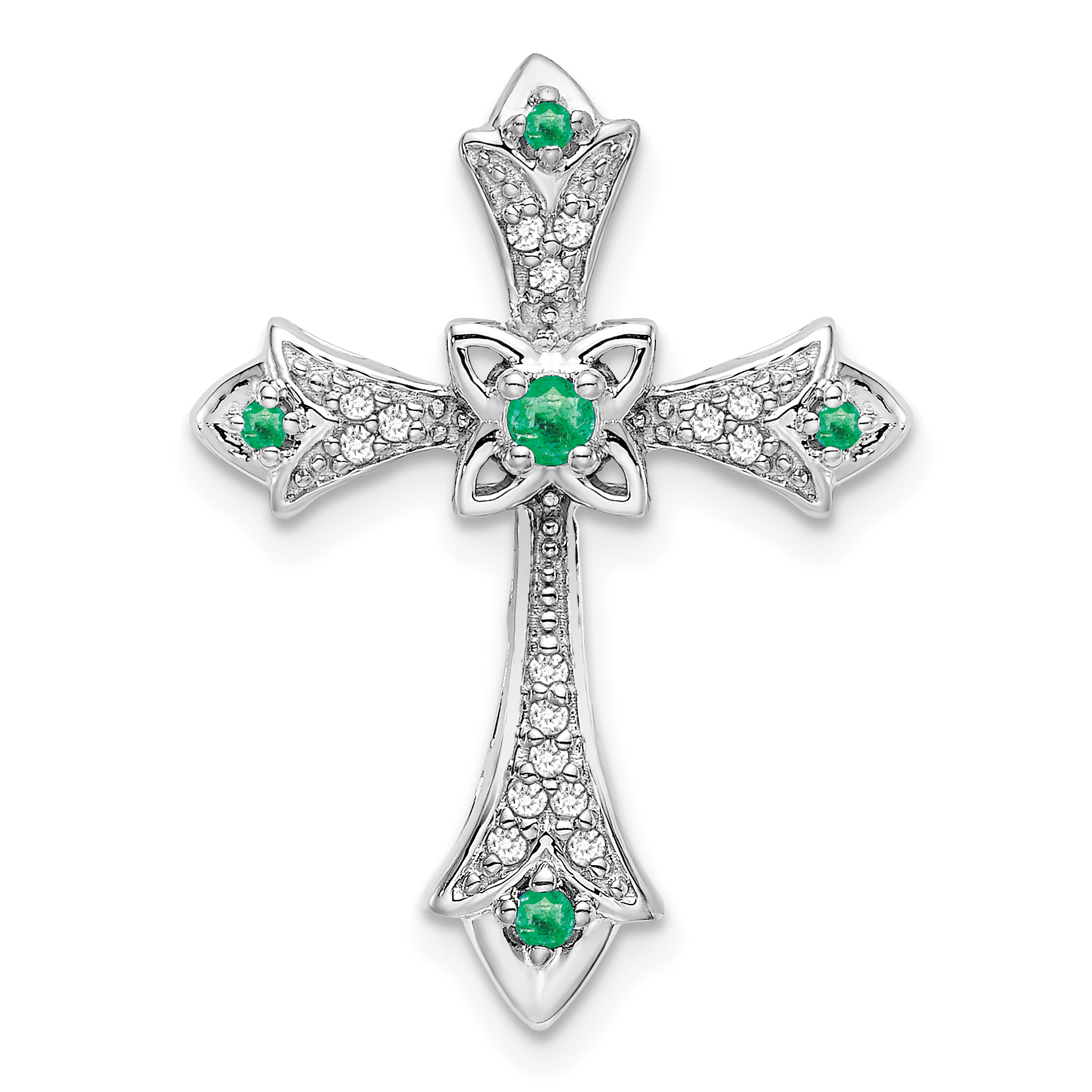 10K White Gold Emerald and Diamond Fleur de Lis Cross Chain Slide (PM7175-EM-008-1WA)