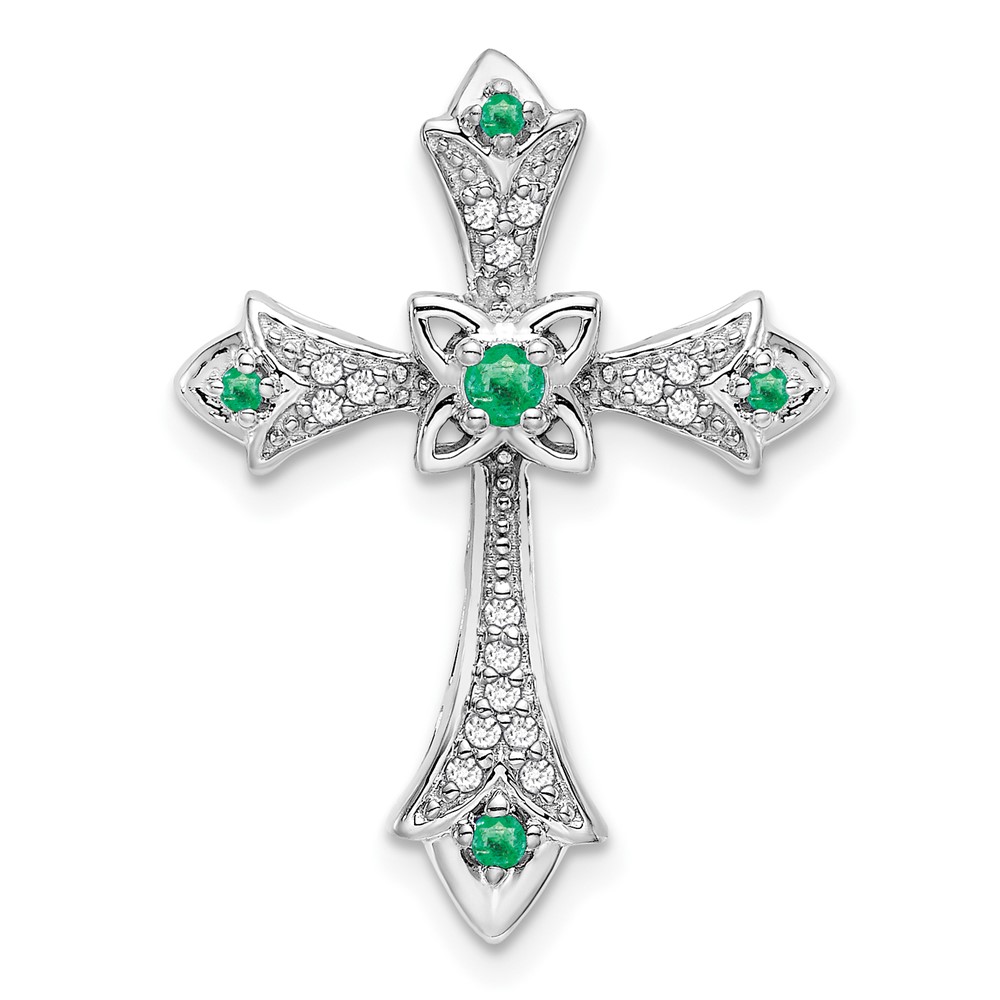 10K White Gold Emerald and Diamond Fleur de Lis Cross Chain Slide (PM7175-EM-008-1WA)