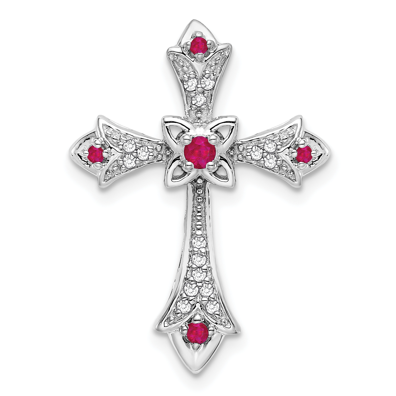 14k White Gold Ruby and Diamond Fleur de Lis Cross Chain Slide (PM7175-RU-008-WA)
