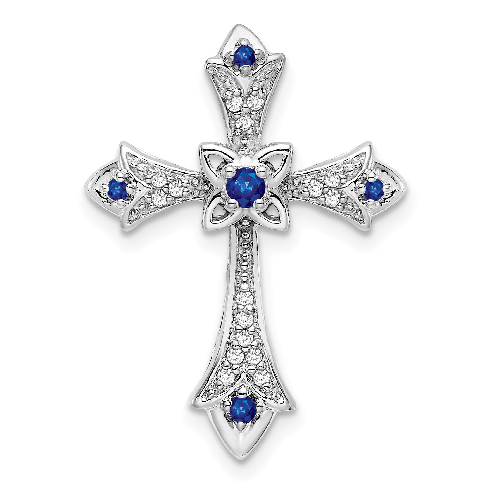 10K White Gold Sapphire and Diamond Fleur de Lis Cross Chain Slide (PM7175-SA-008-1WA)
