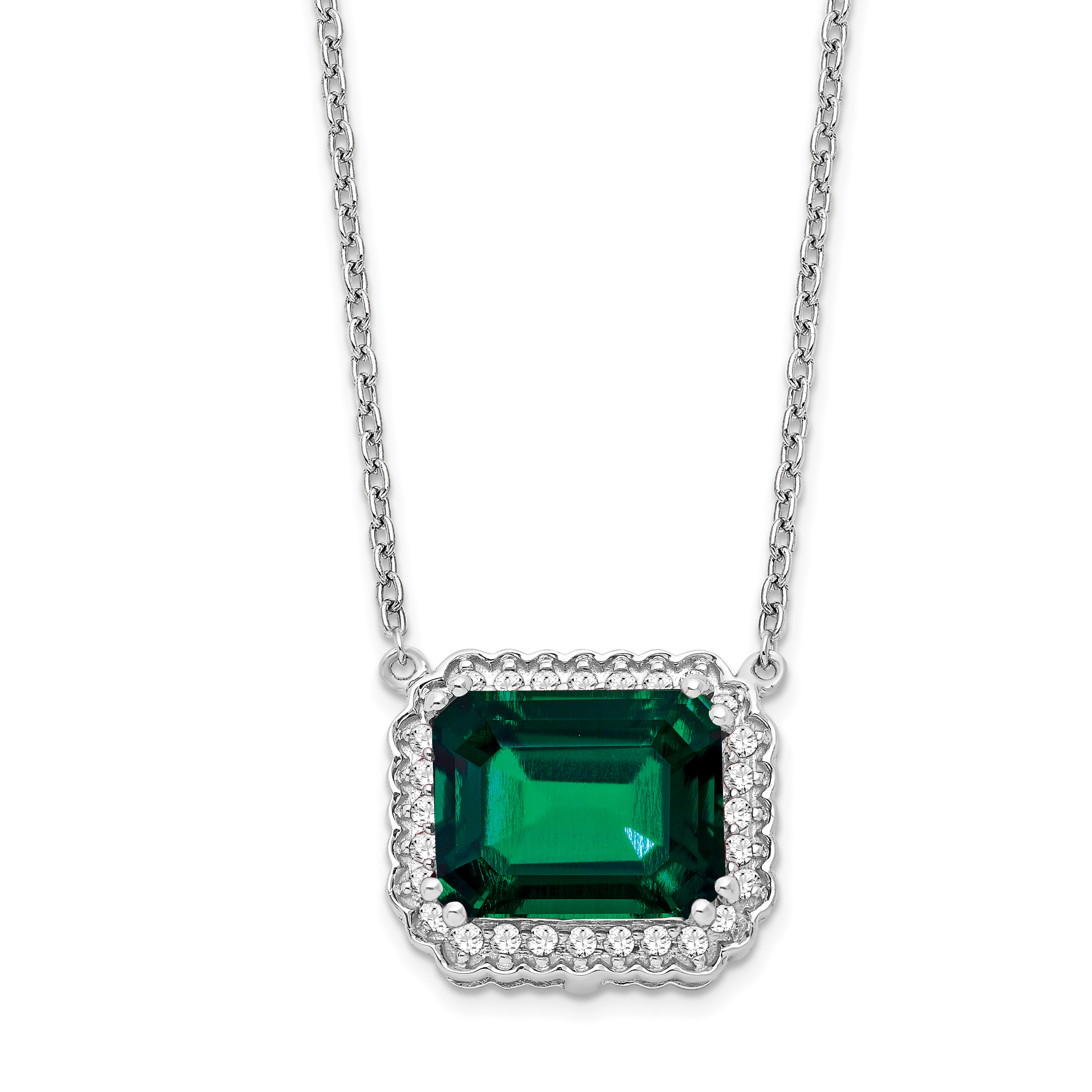 14k White Gold Octagon Lab Created Emerald and Diamond East-West Halo 18 inch Necklace (PM7227-EM-017-WA)