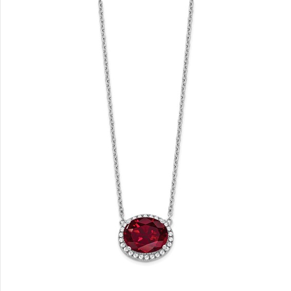 Oval Created Gemstone and Diamond Halo Necklaces