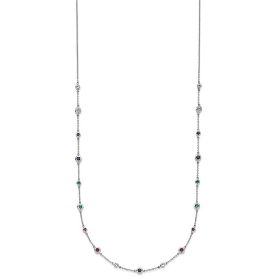 14k White Gold Ruby/Sapphire/Emerald/White Topaz 18 inch Station Necklace