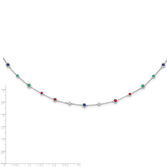 14k White Gold Ruby/Sapphire/Emerald/White Topaz 18 inch Station Necklace