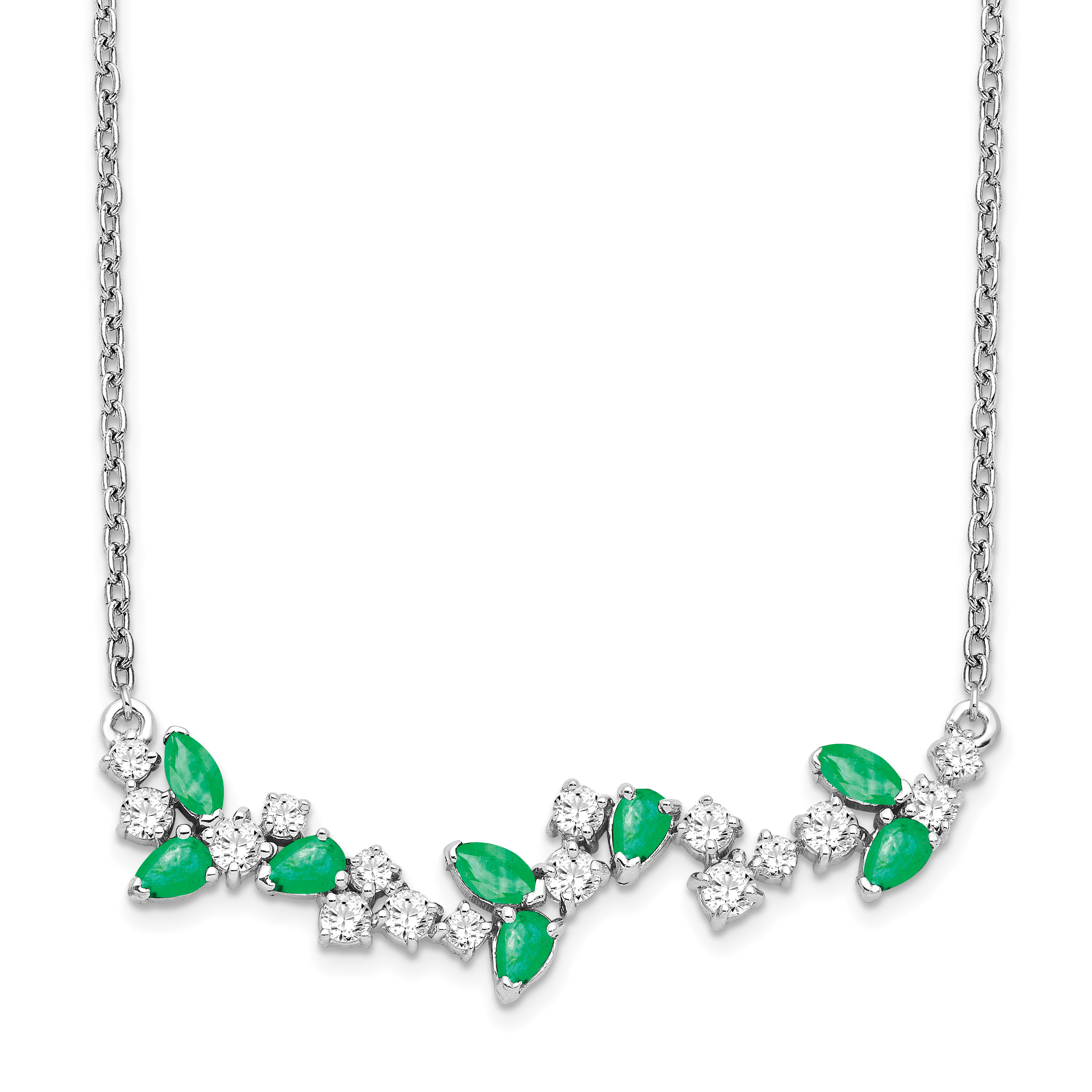 14k White Gold Marquise Emerald and Diamond 18 inch Floral Bar Necklace (PM7254-EM-038-WA)