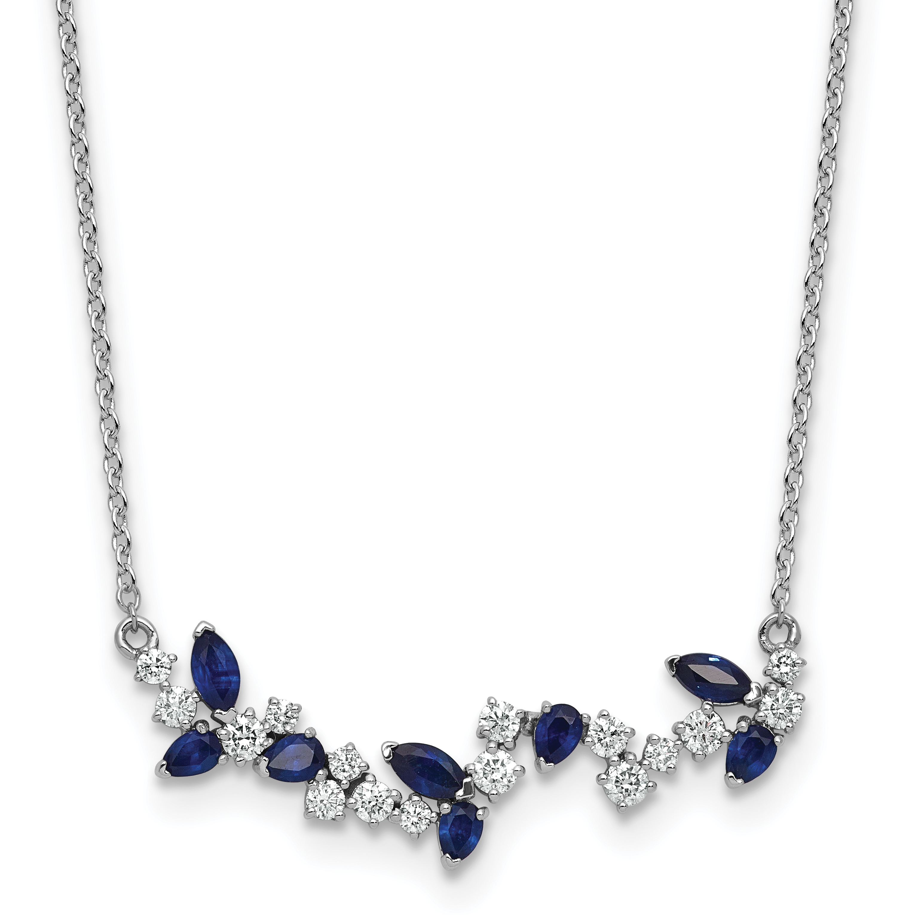 14k White Gold Marquise Sapphire and Diamond Floral 18 inch Bar Necklace (PM7254-SA-038-WA)