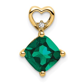 14k Yellow Gold Created Emerald and Diamond Heart Chain Slide