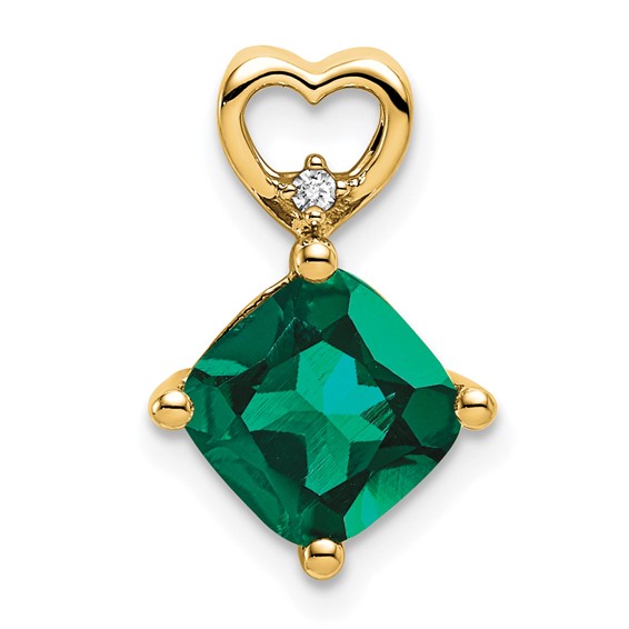 14k Yellow Gold Created Emerald and Diamond Heart Chain Slide