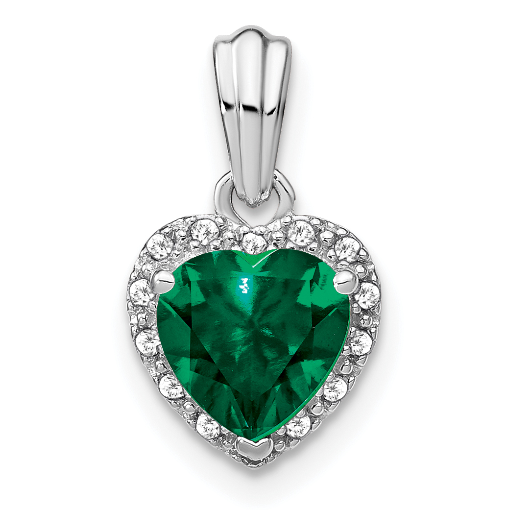 Sterling Silver Rhodium-plated Created Emerald and Diamond Pendant (PM7400-CEM-007-SSA)