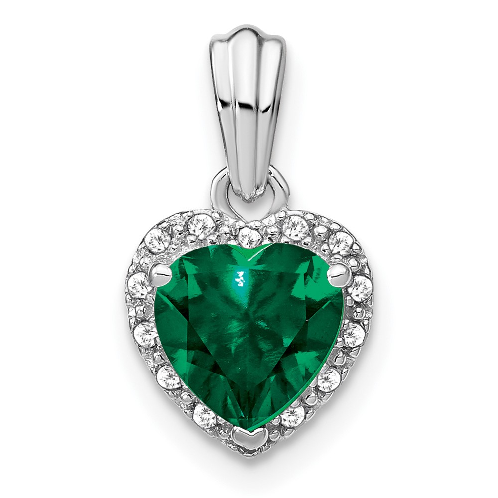 Sterling Silver Rhodium-plated Created Emerald and Diamond Pendant (PM7400-CEM-007-SSA)