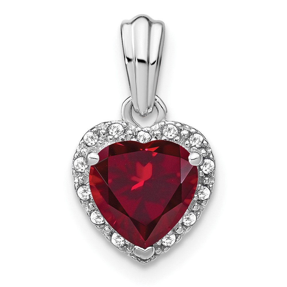 14K White Gold 0.07 Carat Lab Grown Diamond VS SI+ G+ and Lab Created Ruby Heart Pendant