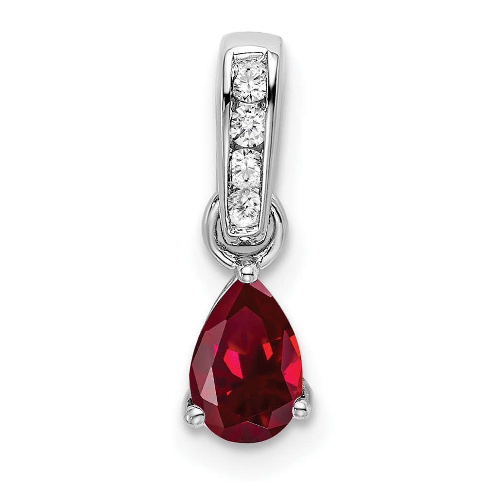 14K White Gold Pear Created Ruby and Diamond Pendant (PM7409-CRU-005-WA)