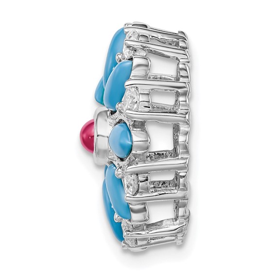 14k White Gold Turquoise/Lab Created Ruby/White Topaz Floral Chain Slide