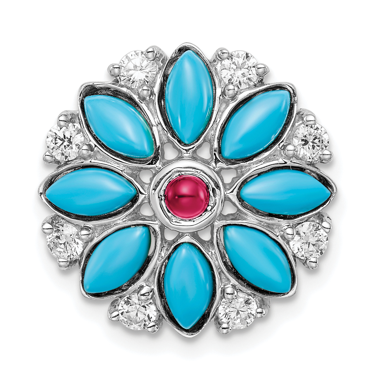 14k White Gold Turquoise/Creat. Ruby/White Topaz Floral Chain Slide (PM7423-BTQ/CRU-W)