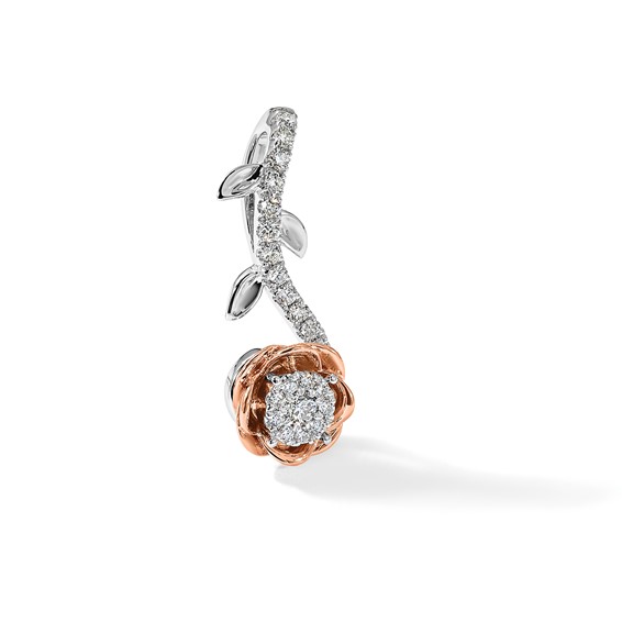 14k Two-Tone Rose and White Gold 1/4 carat Lab Grown Diamond VS/SI+ G+ Complete Rose on Stem Chain Slide Pendant